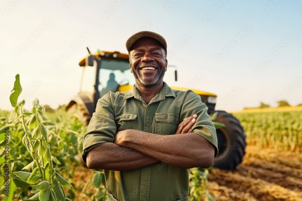 A joyful farmer standing confidently with his arms crossed in a lush green field, with a modern tractor in the background, showcasing his fruitful harvest. A joyful farmer standing confidently with his arms crossed in a lush green field, with a modern tractor in the background, showcasing his fruitful harvest.
