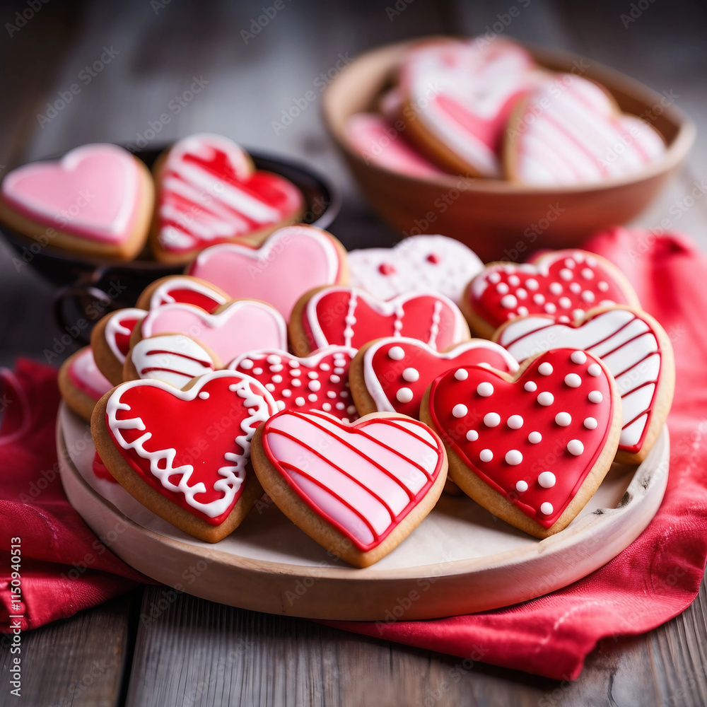 Heart-shaped cookies on a table for Valentine's Day Heart-shaped cookies on a table for Valentine's Day