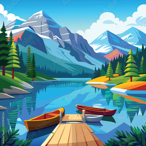 Colorful Reflections Canoes on a Peaceful Lake with Towering Mountains Vector Illustraion Art generated Ai