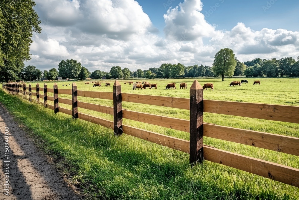 The image depicts a robust wooden fence bordering a sunlit green pasture scattered with cows, embodying agricultural serenity and rural life essence. The image depicts a robust wooden fence bordering a sunlit green pasture scattered with cows, embodying agricultural serenity and rural life essence.