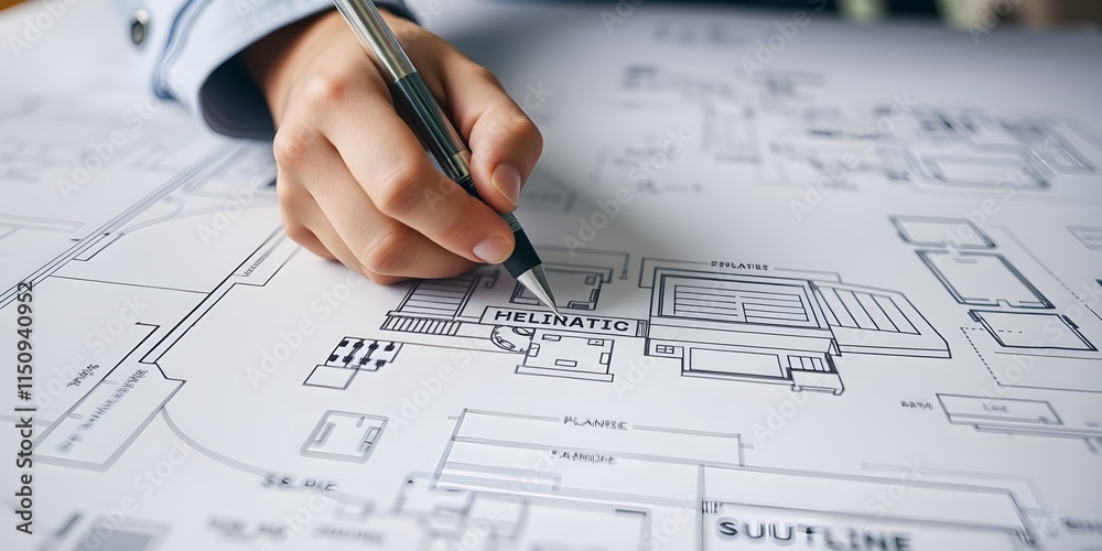 architect working on project. An architect's hand meticulously draws a building plan with a pen, capturing the essence of architectural planning and design, emphasizing precision and creativity architect working on project. An architect's hand meticulously draws a building plan with a pen, capturing the essence of architectural planning and design, emphasizing precision and creativity