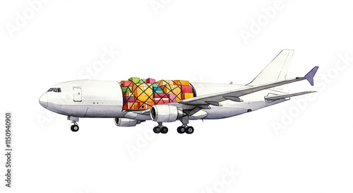Cargo Airplane Air Freight Global Shipping Delivery Transport Aviation Logistics Watercolor