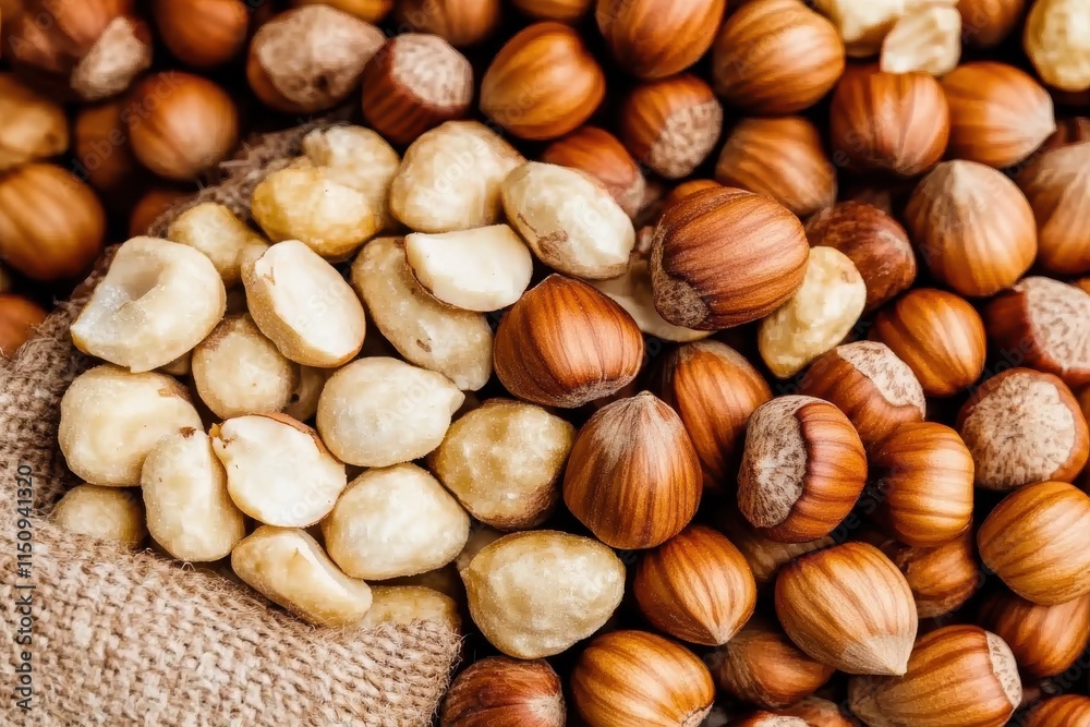 A burlap sack is filled to the brim with hazelnuts spilling out, depicting a rich and natural bounty. A scene that captures earthy abundance and organic texture. A burlap sack is filled to the brim with hazelnuts spilling out, depicting a rich and natural bounty. A scene that captures earthy abundance and organic texture.