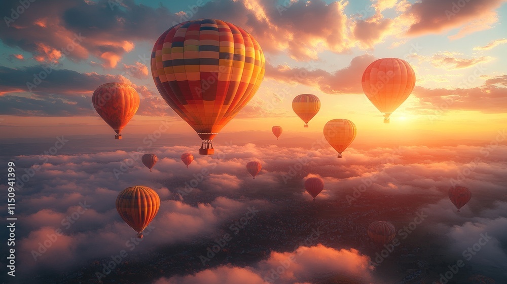 Sunset hot air balloons floating above clouds. Sunset hot air balloons floating above clouds.