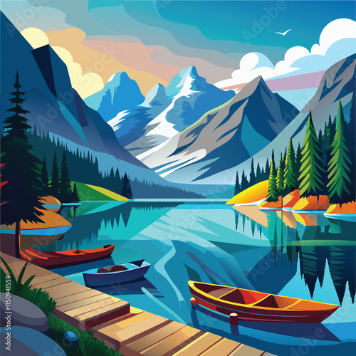 Colorful Canoes Resting by a Tranquil Lake Amid Majestic Peaks Vector Art generated Ai
