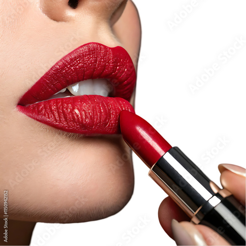 applying red lipstick on lips