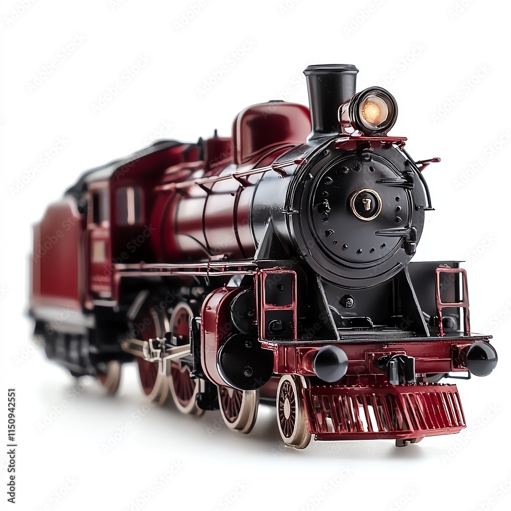 Naklejka premium A detailed model of a vintage steam locomotive, showcasing intricate design and craftsmanship, isolated on a white background.