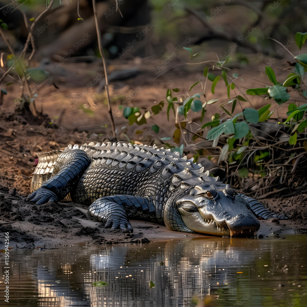 Wild Crocodile Sunbathing on Riverbank, Displaying Majestic and Predatory Features in Natural Habitat Wild Crocodile Sunbathing on Riverbank, Displaying Majestic and Predatory Features in Natural Habitat