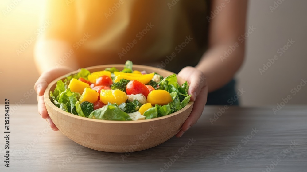 Fresh and Healthy Salad in Wooden Bowl with Colorful Ingredients Held by Hands in Natural Light, Perfect for Nutrition and Healthy Eating Concepts Fresh and Healthy Salad in Wooden Bowl with Colorful Ingredients Held by Hands in Natural Light, Perfect for Nutrition and Healthy Eating Concepts