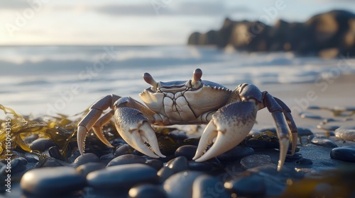 Close-Up of a Crab on a Rocky Shoreline Surrounded by Seaweed with Gentle Waves in the Background at Sunset, Showcasing Nature’s Beauty and Serenity photo