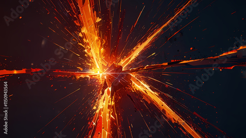 A futuristic abstract design featuring a cracked dimension splitting a metallic surface, revealing a vibrant underlayer of pulsing red and orange energy, with sparks and geometric patterns emanating o photo