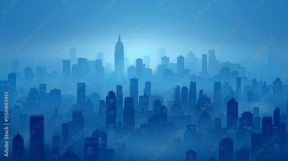 Misty city skyline at dawn, showing numerous skyscrapers and buildings shrouded in fog.