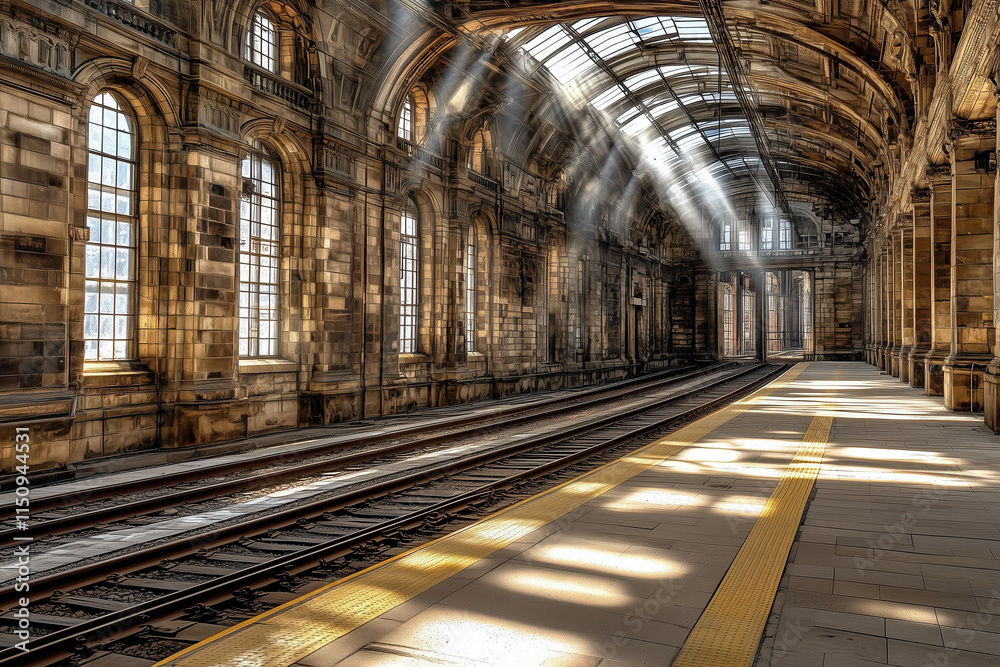 Obraz premium beautiful train station interior with sunlight streaming in Generative Ai