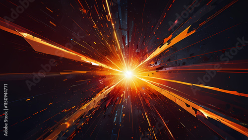 A futuristic abstract design featuring a cracked dimension splitting a metallic surface, revealing a vibrant underlayer of pulsing red and orange energy, with sparks and geometric patterns emanating o