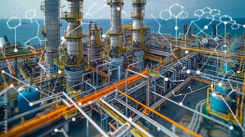 Offshore oil refinery with digital overlay showing complex network of pipelines and processes.