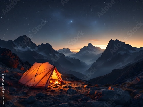 Night Sky Camping: Illuminated Tent, Glowing Campfire, Starry Wilderness