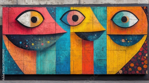 Colorful mural, three smiling faces, large eyes.