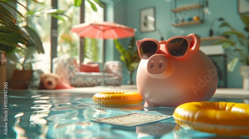 Piggy bank in swimming pool with sunglasses and inflatable rings,  representing saving for a tropical vacation.