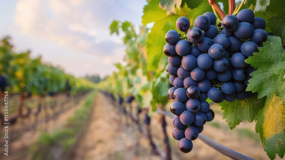 Fototapeta premium Vineyard Harvest: A close-up of a plump, juicy bunch of ripe red grapes hanging from a vine in a picturesque vineyard, bathed in the warm glow of the setting sun.