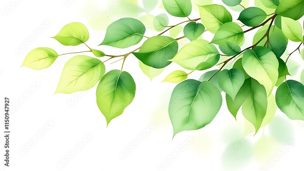Fototapeta premium Nature Illustration with Green Leaf Branch, Isolated on a White Background.