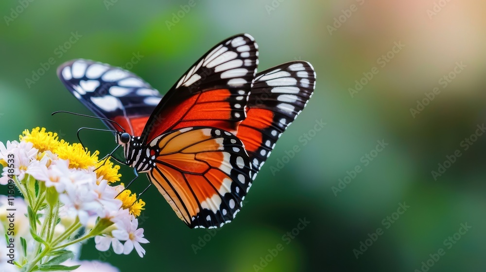 Naklejka premium Butterfly on Flower: A vibrant Plain Tiger butterfly delicately perched on a cluster of small white flowers its wings showcasing intricate patterns of orange, black and white against a soft.