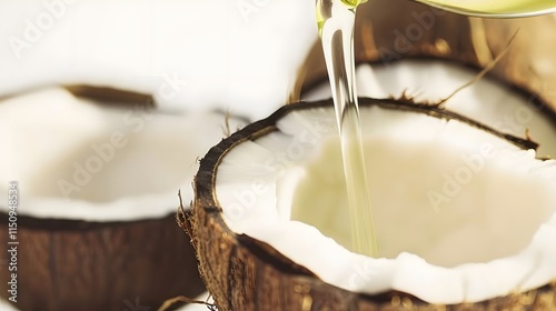Coconut oil pouring from a transparent bottle in slow motion, reflecting soft light in a calm atmosphere.