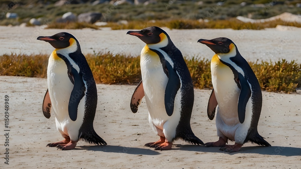 Fototapeta premium Panorama of penguins in a row, South Africa