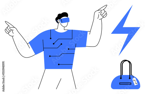 Man wearing VR headset and tech-themed shirt pointing in different directions, with blue lightning bolt and handbag nearby. Ideal for technology, innovation, future concepts, digital transformations