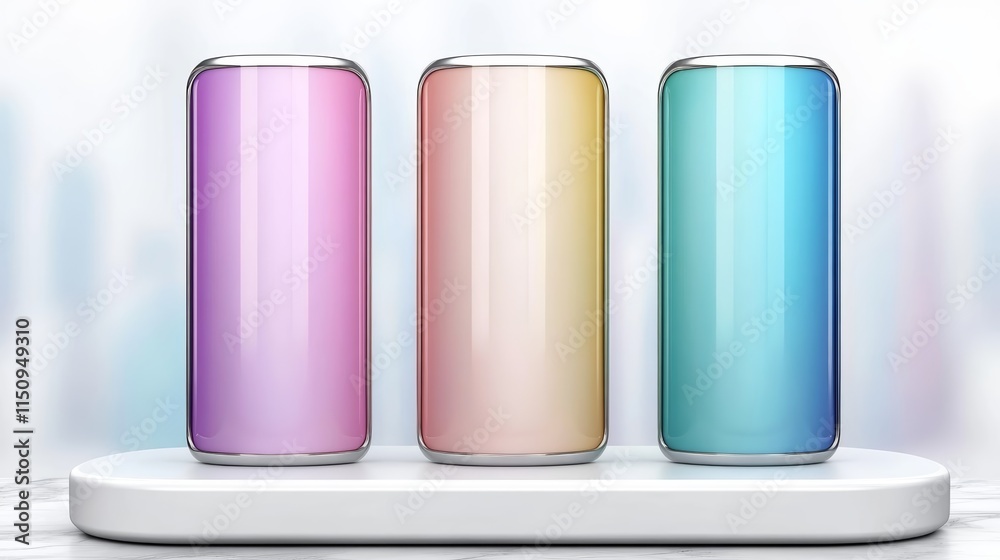 Three colorful glass bottles on a white backdrop, study in vibrant colors and minimalist composition Three colorful glass bottles on a white backdrop, study in vibrant colors and minimalist composition