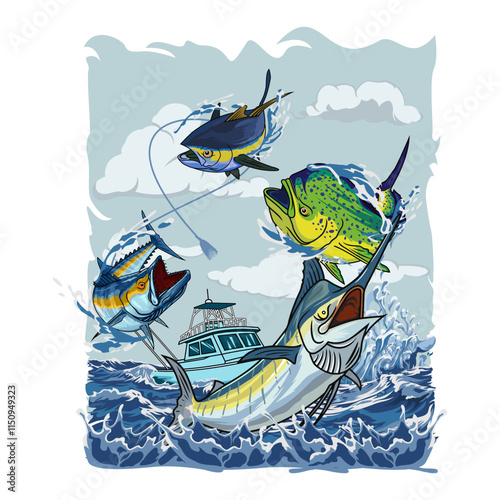 marlin sailfish tuna mahi mahi dorado wahoo boat fishing illustration logo vector image t shirt