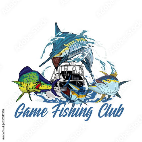 marlin sailfish tuna mahi mahi dorado wahoo boat fishing illustration logo vector image t shirt