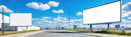 Wallpaper Mural Two blank billboards stand beside a clear road under a bright blue sky, surrounded by greenery and industrial buildings. Torontodigital.ca