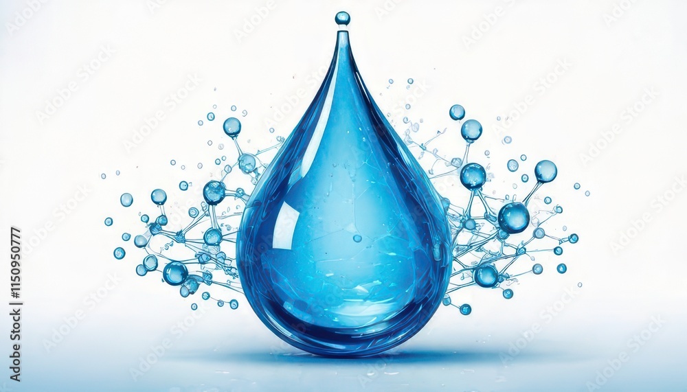 Blue water drop with molecules on a white background. Blue water drop with molecules on a white background.