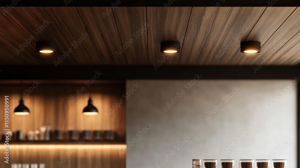Modern recessed ceiling lights above wooden bar. Modern recessed ceiling lights above wooden bar.
