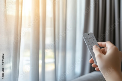 Remote control automation adjusting smart curtain in modern living room with soft sunlight, emphasizing home technology and convenience depicted with warm tones and minimalist style