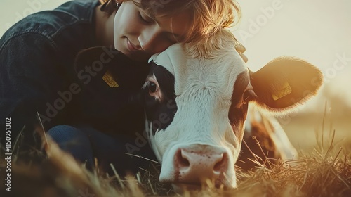 A person lovingly embraces a cow in a serene outdoor setting during golden hour.