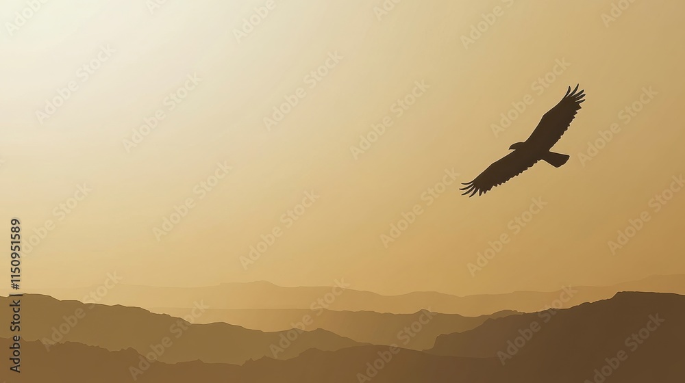 Fototapeta premium Majestic Hawk Soaring Above Silhouetted Mountains and Serene Landscape During Golden Hour with a Warm Sunset Glow and Dreamlike Atmosphere
