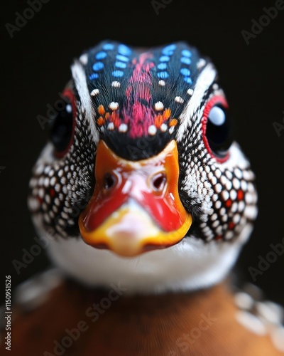 A close-up of a colorful bird showcasing intricate patterns and vibrant colors.