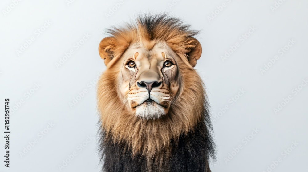 A majestic lion portrait with a detailed mane against a plain background. A majestic lion portrait with a detailed mane against a plain background.