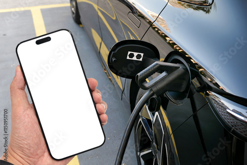 Fototapeta Naklejka Na Ścianę i Meble -  Hand holding smartphone with blank screen and Power cable plug in charging power to electric vehicle EV car with Blank Space.