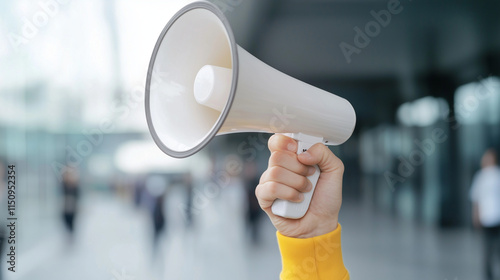 Announcing the News: A hand holds a megaphone, ready to make an announcement. The blurred background suggests a public space, conveying the message's reach and impact.  