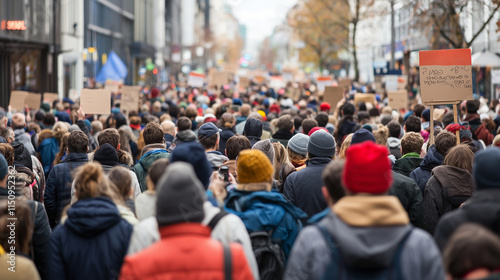 City Protest March: A sea of people march down a city street, their signs and backs to the camera creating a powerful image of collective action and social change.  