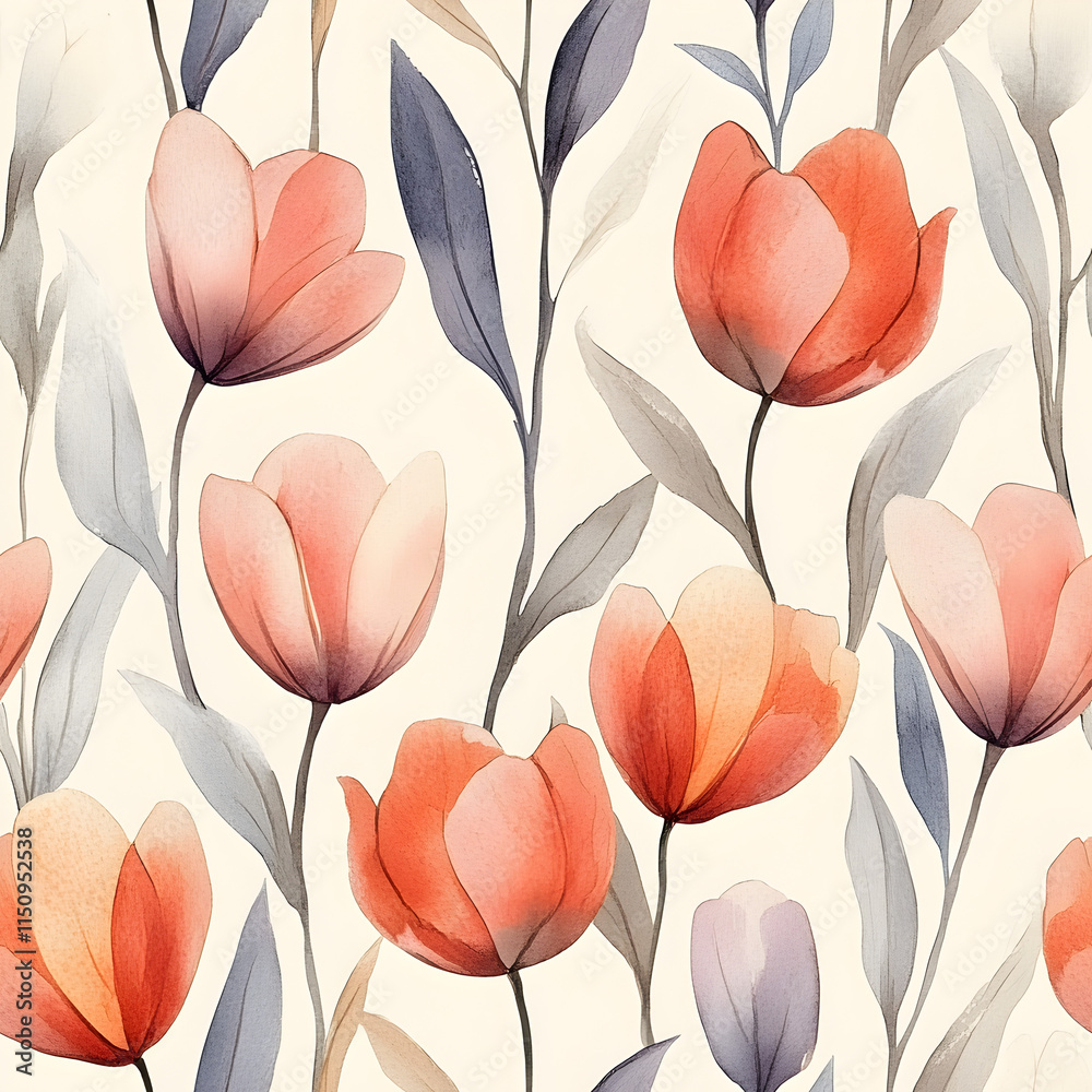 Fototapeta premium Watercolor Floral Seamless Pattern Peach Tulips Leaves