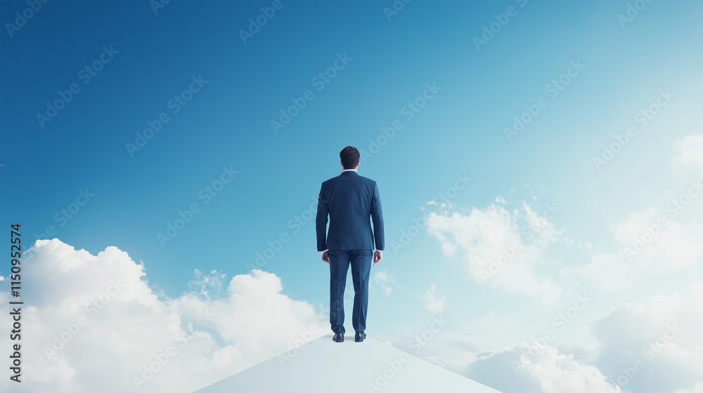 Businessman on Cloud Nine: A lone businessman stands atop a cloud, gazing at a vast, clear blue sky, symbolizing ambition, success, and the limitless potential of the future. Businessman on Cloud Nine: A lone businessman stands atop a cloud, gazing at a vast, clear blue sky, symbolizing ambition, success, and the limitless potential of the future.