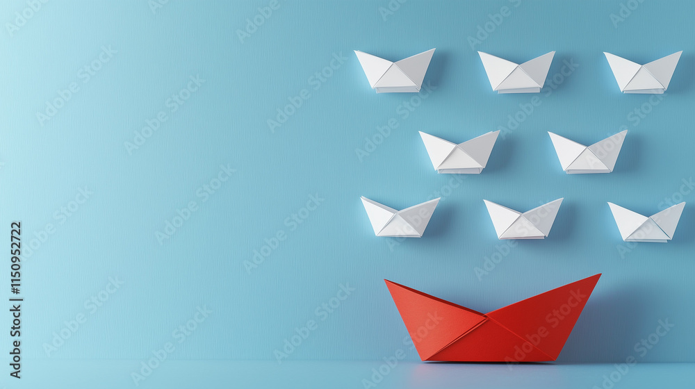 Red Paper Boat Leading the Way: A lone red paper boat stands out amidst a sea of white ones, symbolizing leadership, innovation, and the courage to stand apart in a crowded marketplace. Red Paper Boat Leading the Way: A lone red paper boat stands out amidst a sea of white ones, symbolizing leadership, innovation, and the courage to stand apart in a crowded marketplace.