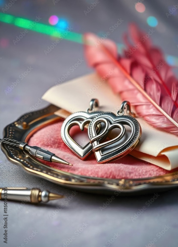 Silver heart-shaped lockets rest on a delicate pink cushion, surrounded by blooming flowers, evoking a sense of romance and nostalgia. Silver heart-shaped lockets rest on a delicate pink cushion, surrounded by blooming flowers, evoking a sense of romance and nostalgia.
