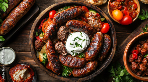 Traditional Polish kielbasa sausage with a golden-brown crust, rustic Polish setting photo