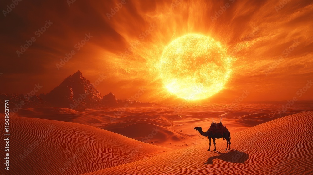 Majestic desert view with a camel's shadow on dunes and the glowing reflection of a massive sun halo dominating the horizon Majestic desert view with a camel's shadow on dunes and the glowing reflection of a massive sun halo dominating the horizon