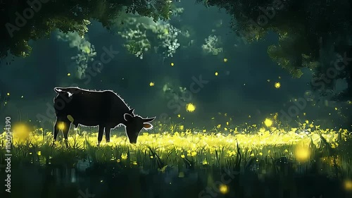 A serene cow grazing in a glowing meadow illuminated by fireflies. photo