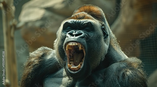 Close-up of a powerful gorilla with its mouth open, showing its teeth. photo